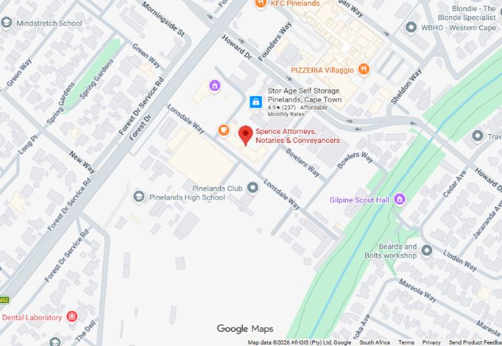 Google Maps showing Spence Attorneys at PineworX on Lonsdale Way, near Forest Drive and Pinelands High School.